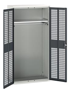 verso ventilated door kitted cupboard with 1 shelf, 1 rail. WxDxH: 1050x550x2000mm. RAL 7035/5010 or selected Bott Verso Ventilated door Tool Cupboards Cupboard with shelves
